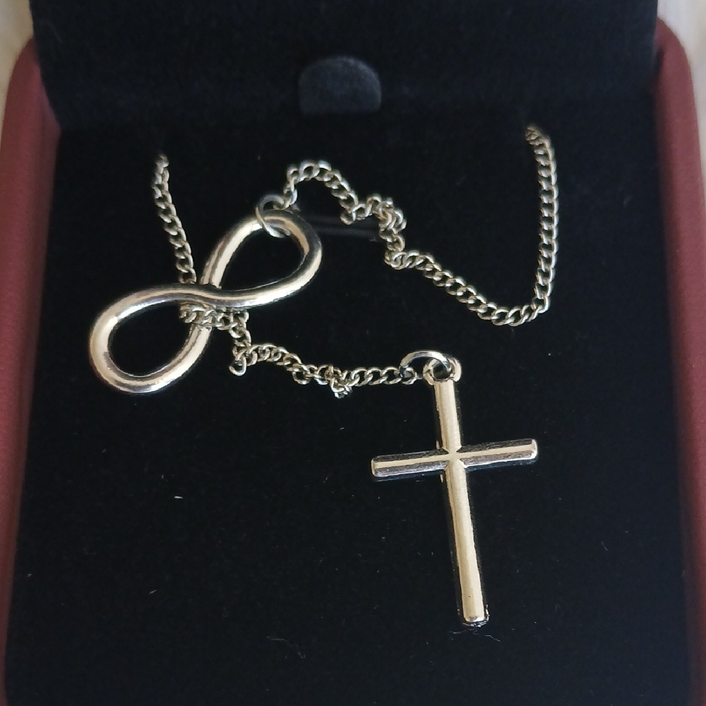 Silver Stainless Steel Infinity and Cross Necklace - Picture 2 of 3